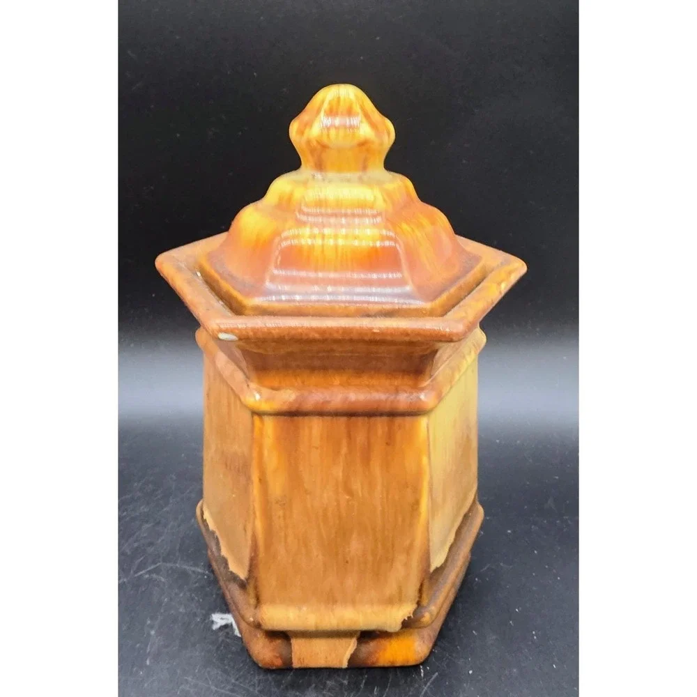 Vintage Royal Haeger Brown Dripware Pottery Canister‎ Hexagonal W Lid 7.5